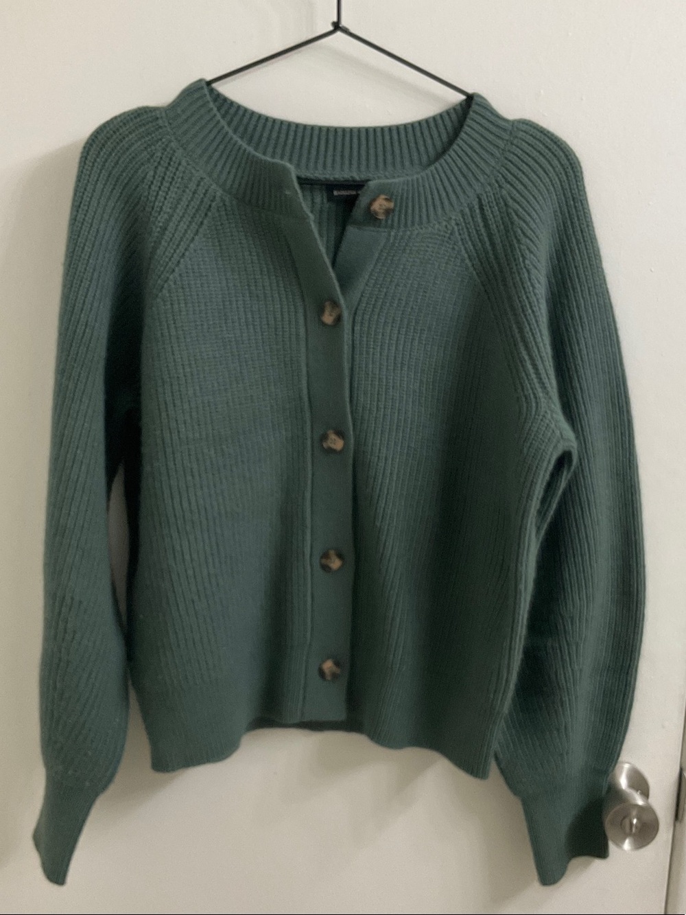 Green Ribbed Knit Cardigan Sweater - Classic Crewneck